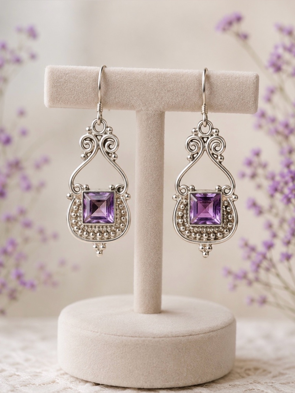 Earrings Amethyst Gemstone 925 Sterling Silver Dangle Drop Filigree Dainty